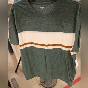 Old Navy Forest Green Tee with White and Mustard Stripes